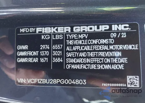 2023 Fisker Ocean One from USA, damaged, VIN VCF1ZBU28PG004803